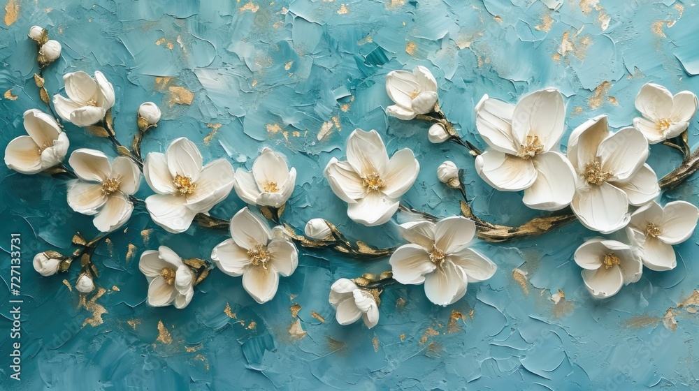 flowers on blue background, a set of white flowers painted on a blue background, in the style of soft and dreamy tones, light beige and gold, soft atmospheric - obrazy, fototapety, plakaty 