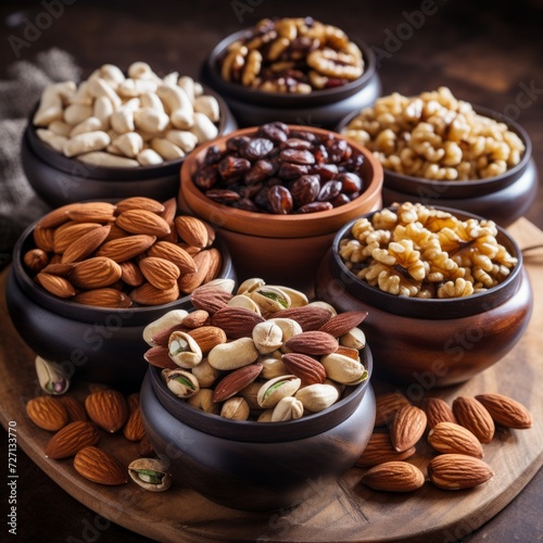 Stock image of a variety of nuts and seeds in bowls, healthy and nutritious snack option Generative AI