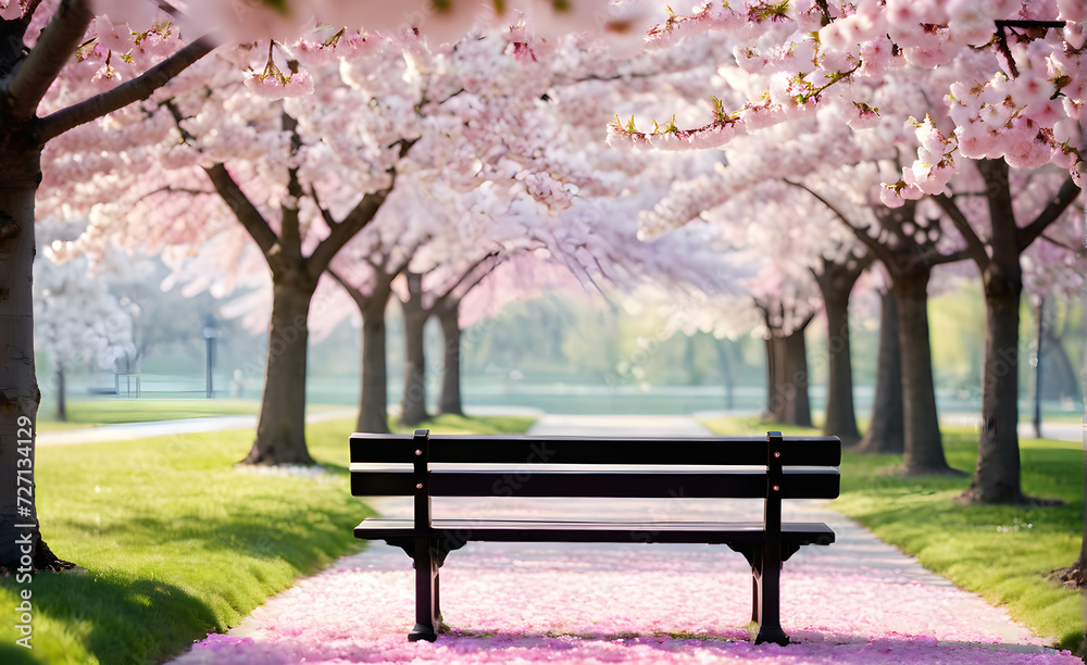 Empty park bench under blooming cherry trees in spring, soft morning light filtering through petals. Generative AI Empty park bench under blooming cherry trees in spring, soft morning light filtering through petals. Generative AI