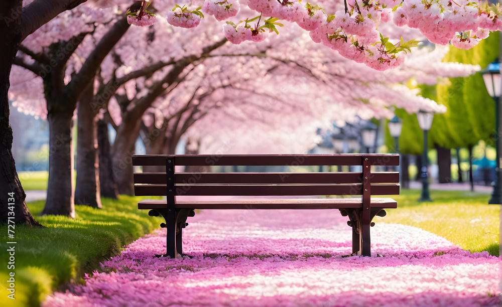 Empty park bench under blooming cherry trees in spring, soft morning light filtering through petals. Generative AI Empty park bench under blooming cherry trees in spring, soft morning light filtering through petals. Generative AI