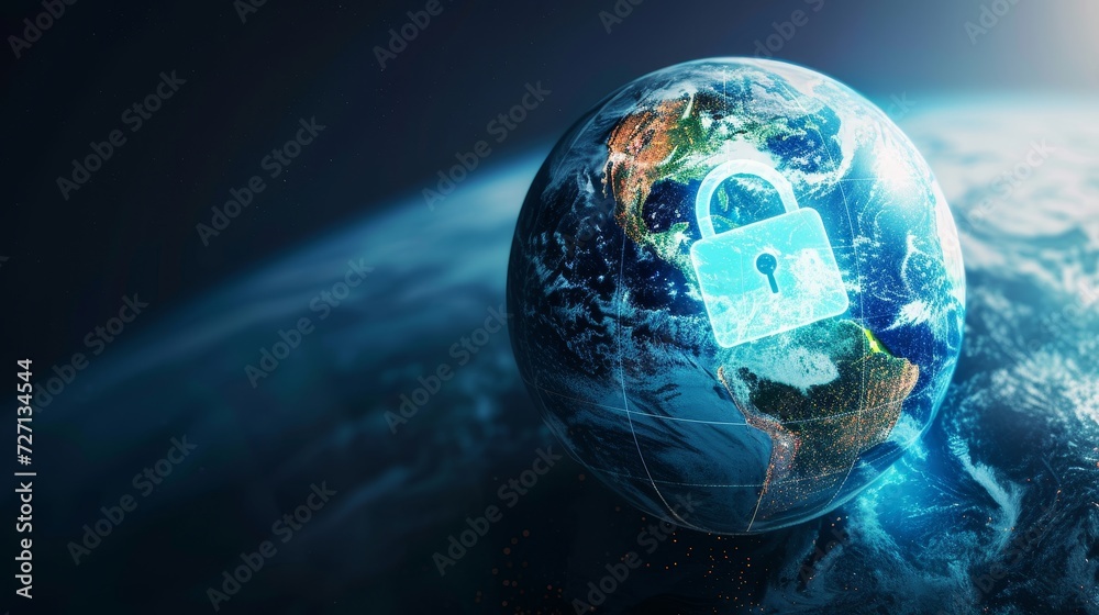 Obraz premium Security Across Continents: Signs Embracing the Globe with the Lock Symbol