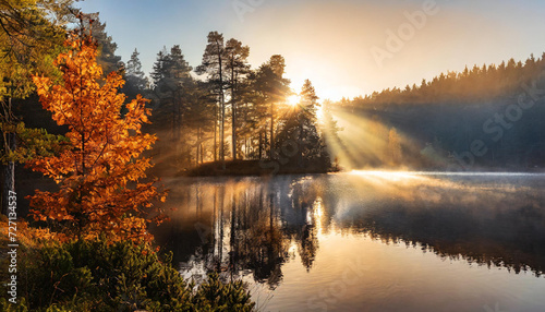 Jesienny, mglisty poranek nad jeziorem. Tapeta, dekoracja. Generative AI © mycatherina