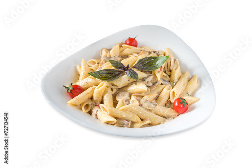 Penne pasta in creamy sauce with chicken, tomatoes decorated wit
