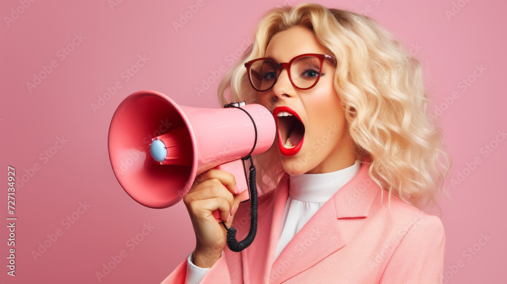 Close-up of a beautiful blonde woman screaming into a white megaphone on a pink background. The concept of advertising, discounts in stores. Close-up of a beautiful blonde woman screaming into a white megaphone on a pink background. The concept of advertising, discounts in stores.