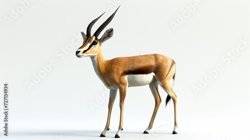 A mesmerizing art piece capturing the elegance of a gazelle in a stunning 3D style  beautifully rendered with exceptional detail. This graceful creature stands out against a pure white backg