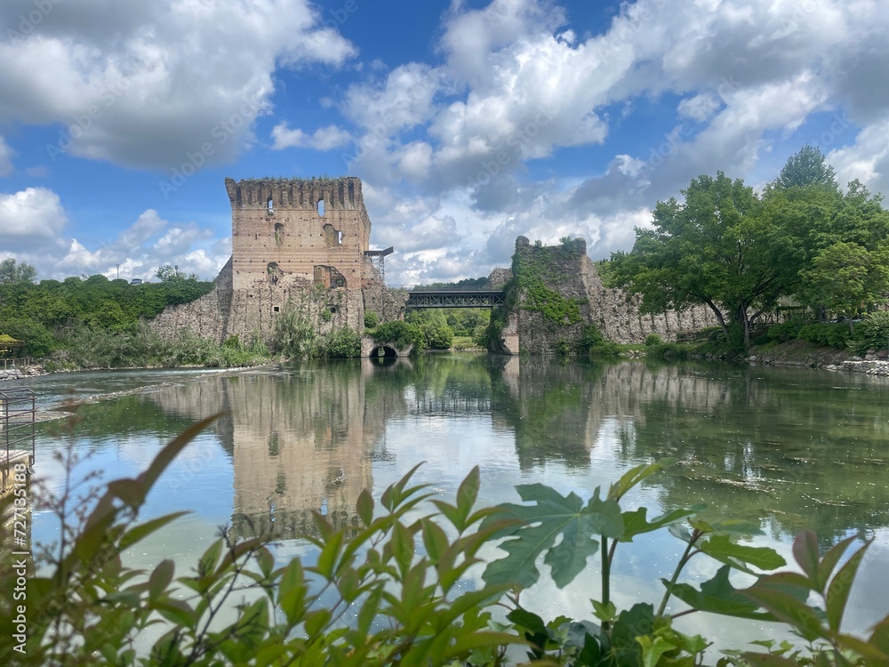 
architecture, castle, water, river, building, travel, europe, sky, landscape, history, tourism, old, city, europe, italy, lake garda, borghetto, cycle trip, bikepacking, freedom
