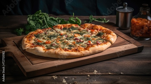 Freshly baked pizza on a wooden tray. Pizzeria. AI generative. photo