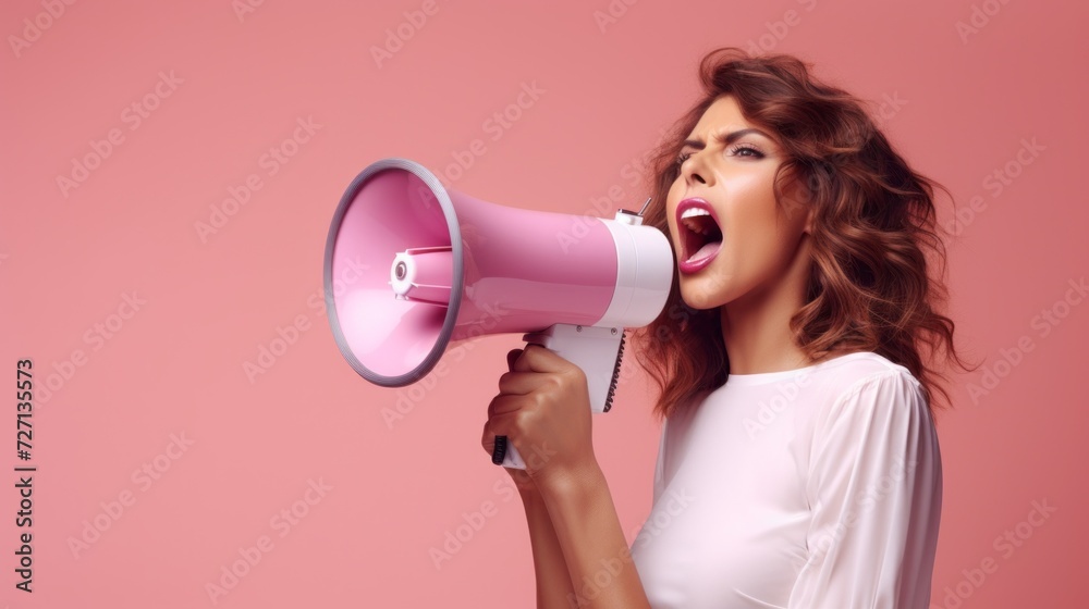 Close-up of a woman shouting into a white megaphone on a pink background. The concept of advertising with copy space for text. Close-up of a woman shouting into a white megaphone on a pink background. The concept of advertising with copy space for text.