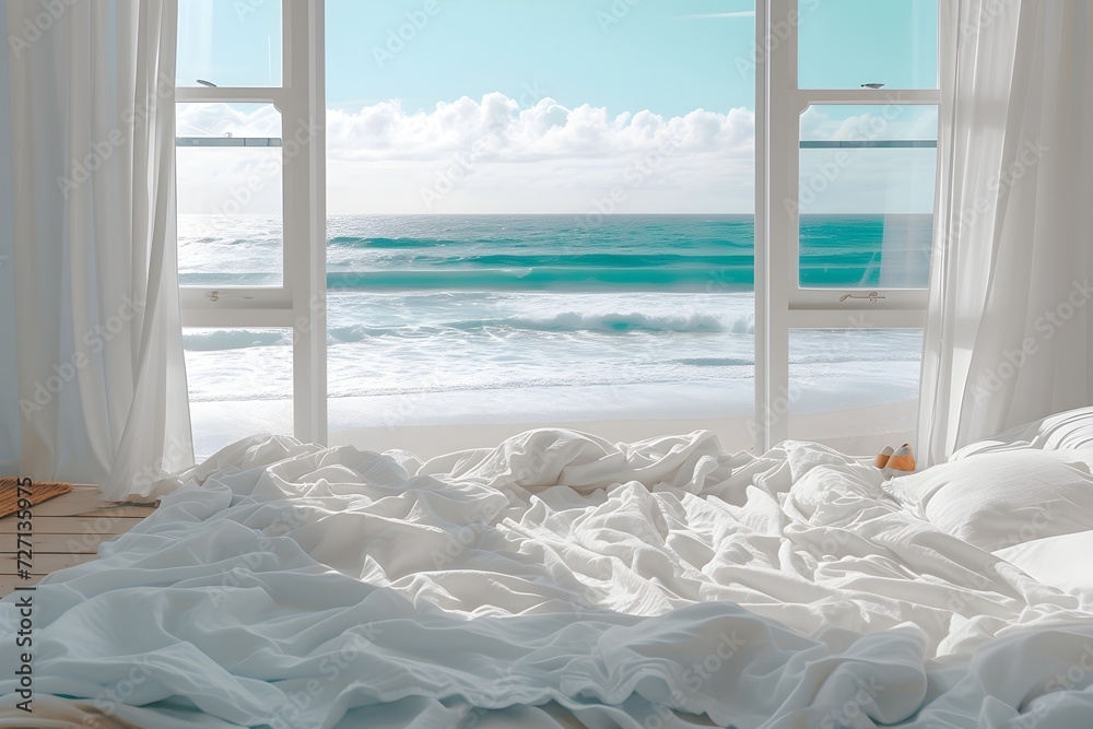 an empty bed by the window facing the sunset with some sheets, in the style of lively coastal landscapes, selective focus, australian landscape,