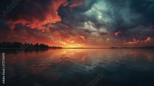 realistic photo of beautiful cloudy atmosphere at sunset on the lake. generative ai