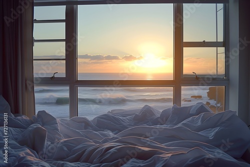 an empty bed by the window facing the sunset with some sheets  in the style of lively coastal landscapes  selective focus  australian landscape 