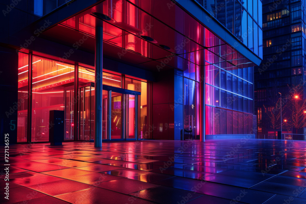 A large building is lit up in the rain. A large building is lit up in the rain.