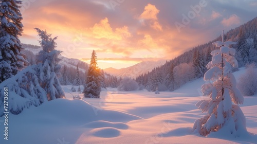 Winter landscape, a snowy valley beneath a blanket of twilight. Coniferous woods.  © DreamPointArt