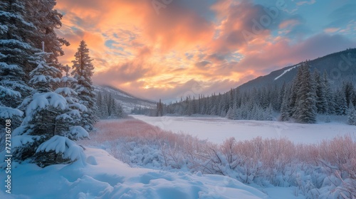Winter landscape, a snowy valley beneath a blanket of twilight. Coniferous woods. 