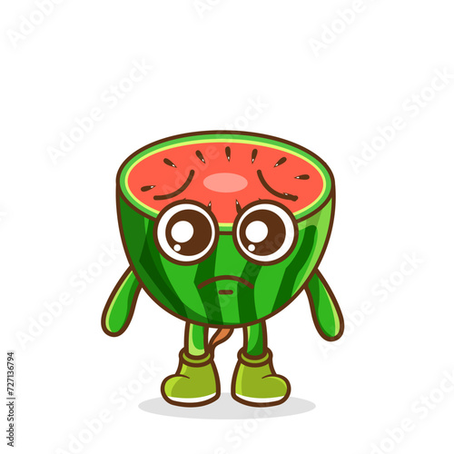 Cute sad watermelon fruit character, watermelon character with sad emotion, face, depressive eyes