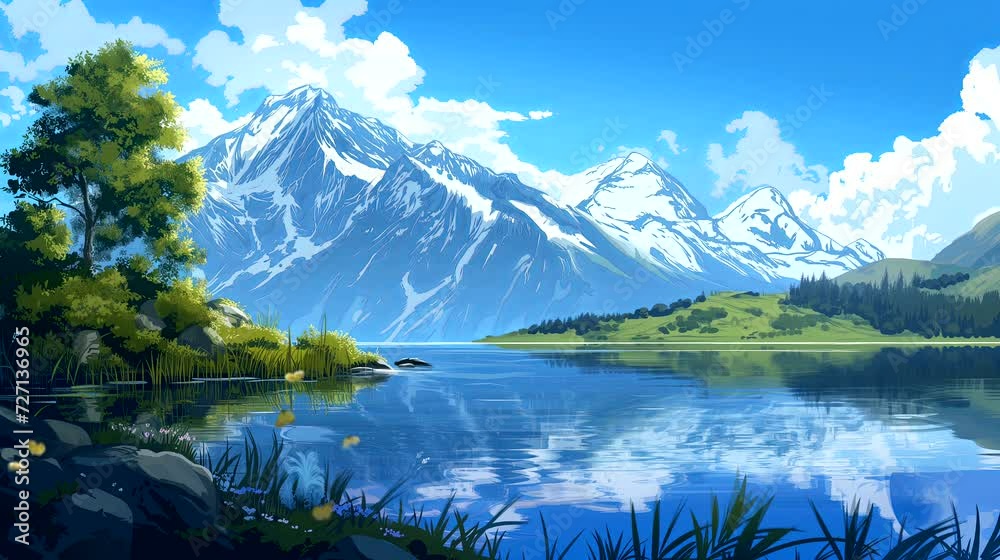 A tranquil lakeside scene with reflections of snow-capped peaks. Seamless looping 4k time-lapse virtual video animation background A tranquil lakeside scene with reflections of snow-capped peaks. Seamless looping 4k time-lapse virtual video animation background