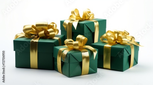 5 green gifts wrapped with golden ribbon on a white isolated background Generative AI © vadosloginov