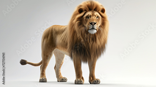 A stunningly realistic 3D rendering capturing the awe-inspiring elegance of a majestic lion. This powerful creature stands proudly against a pure white background, showcasing its intricate d