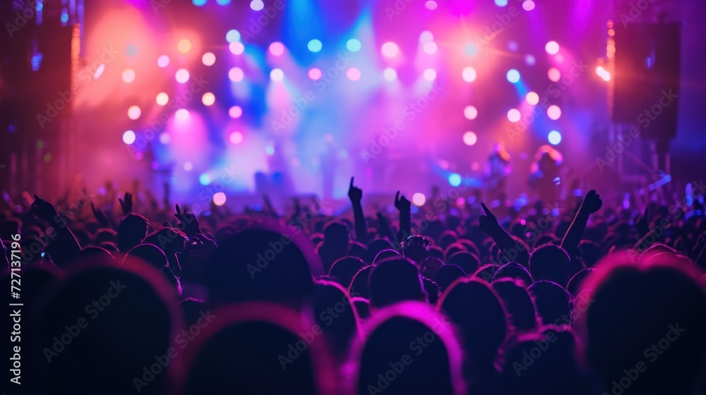 Vibrant energy of a live concert. Silhouettes of people sway to the rhythm, their faces illuminated by colorful stage lights. 