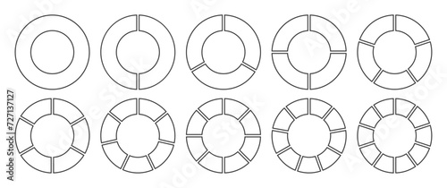 Circle divided into 1-8 parts in black color outline. Hollow circle segmented into 1-10 parts diagram graph icon set. Pie shape section chart in ten parts in black color outline.
