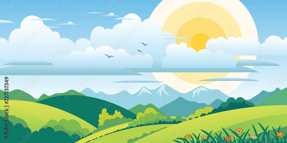 Fototapeta premium View of spring landscape, green meadows and hills, sun in the clouds, vector illustration 
