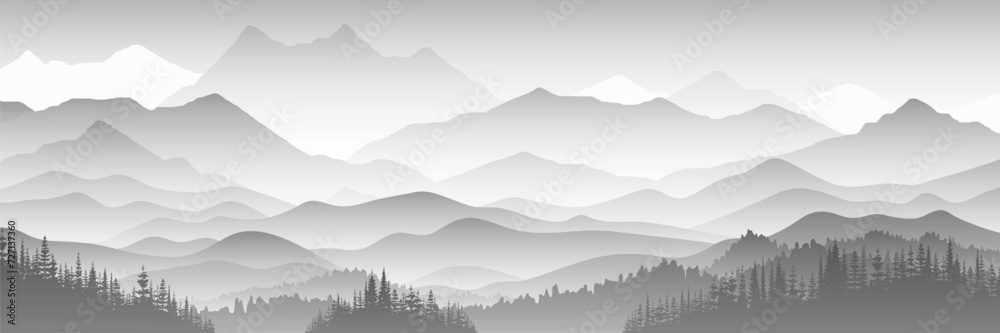 Black and white mountain landscape, panoramic view, vector illustration	