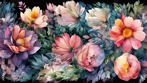Delicate, colorful water-color wallpaper with beautiful spring flowers. Illustration 4K © Igor