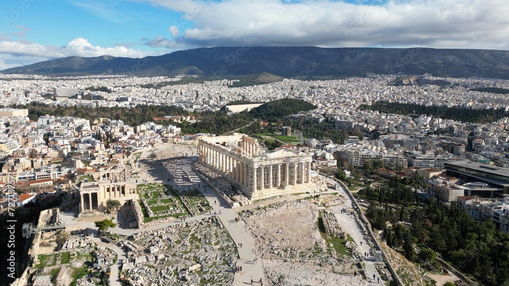 Acropolis in Greece, Parthenon in Athens aerial view, famous Greek tourist attraction, Ancient Greece landmark drone view - sigthseeing destination Unesco Heritage world in Atene 