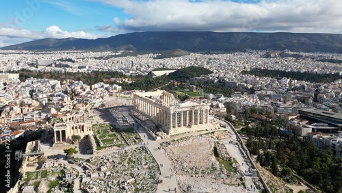 Acropolis in Greece, Parthenon in Athens aerial view, famous Greek tourist attraction, Ancient Greece landmark drone view - sigthseeing destination Unesco Heritage world in Atene 