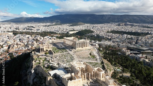 Acropolis in Greece, Parthenon in Athens aerial view, famous Greek tourist attraction, Ancient Greece landmark drone view - sigthseeing destination Unesco Heritage world in Atene 