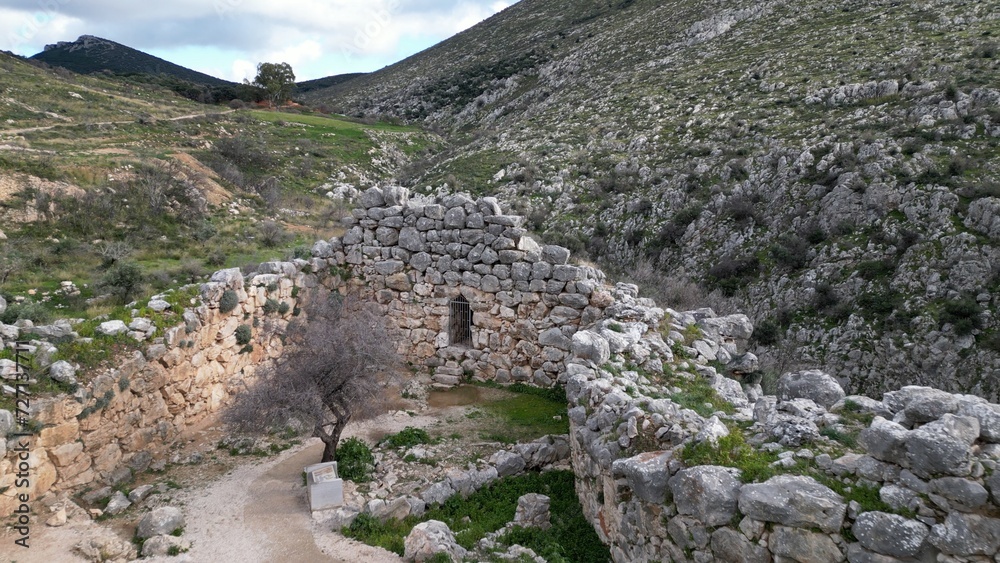 Aerial view by drone of archaeological site of ancient citadel of , north-eastern Peloponnese, Greece - Greek settlement of the 12th century BC. e. with the ruins of the acropolis Agamennone 