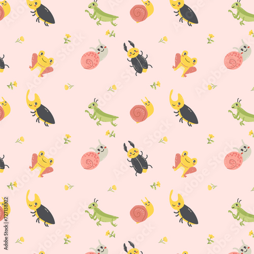 cute insects characters on pink background. Vector illustration in Hand drawn flat style. Beetle and snail insects, grasshoper. Trendy design.  photo