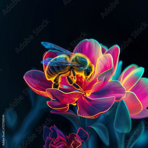 A bee collects honey from a neon futuristic flower.
