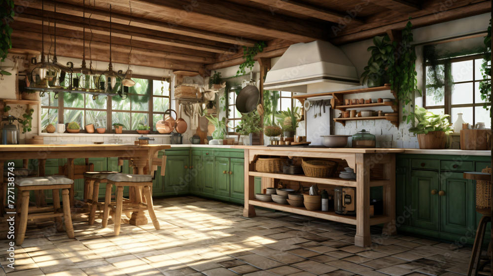 3D Rendering of a Green and Beige Rustic Country Scene