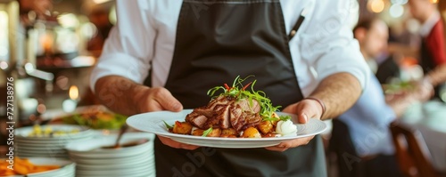 Waiter carry plate with steak meat or fresh dish on wedding ceremony.