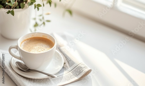 Cup of coffee in white cup on table with white blanket. Coffee theme.