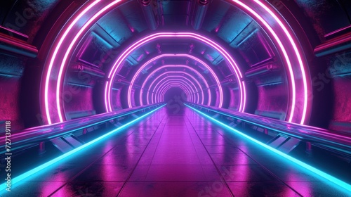 Futuristic corridor, bathed in a mesmerizing display of purple and blue neon lights.
