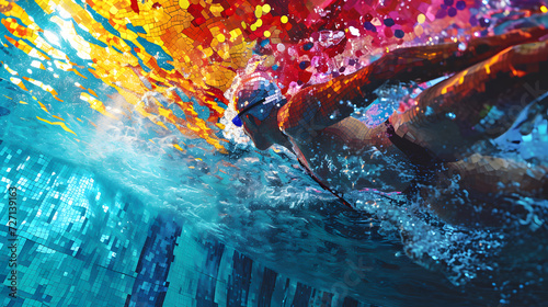 Immerse in the precision of SWIMMING with a neon mosaic, assembling small, colorful tiles to capture the dynamic strokes and aquatic grace of this Olympic water sport.