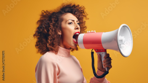 Close-up of a beautiful woman roaring on a megaphone. Advertisement concept.