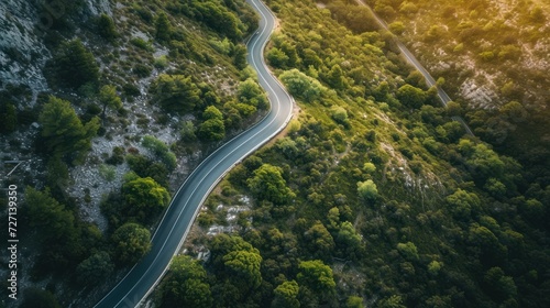 Bird's eye view of driving on a winding road.