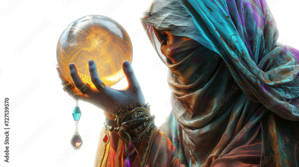 A mesmerizing 3D rendering of a enigmatic fortune teller, exuding an aura of mystery and intrigue, isolated on a dark background. Perfect for creating an enticing and alluring atmosphere in