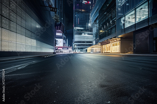 A an empty street at night with building on it.