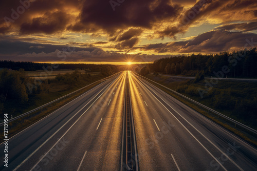 Highway on a sunny evening, with a dramatic sky ahead.