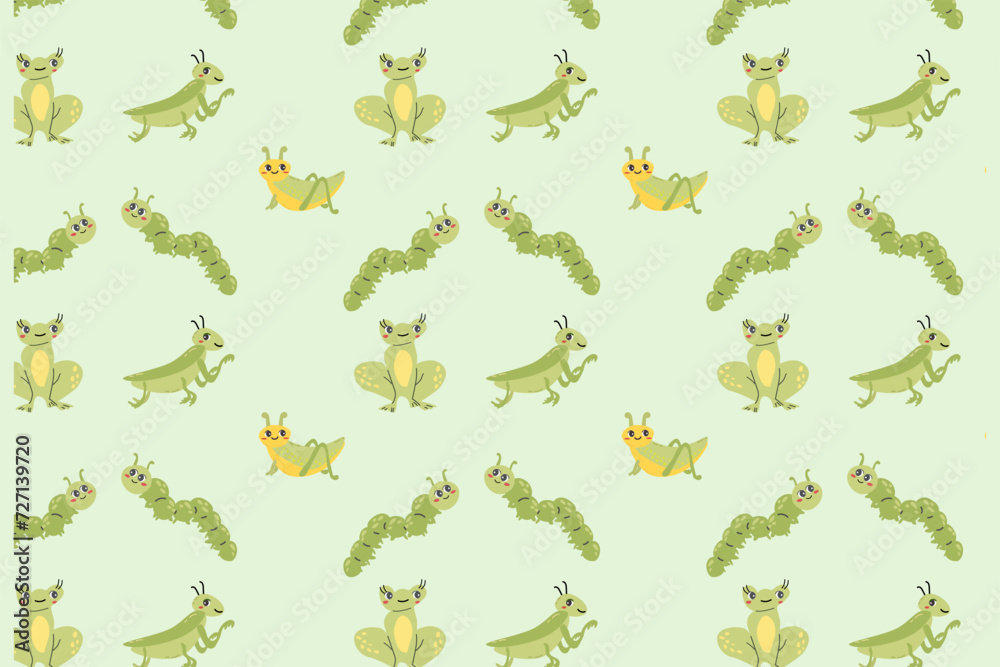 Cute frog and caterpillar, grasshoper insects pattern. Vector illustration on green background. Can used for summer, spring wallpapers, cover design. 