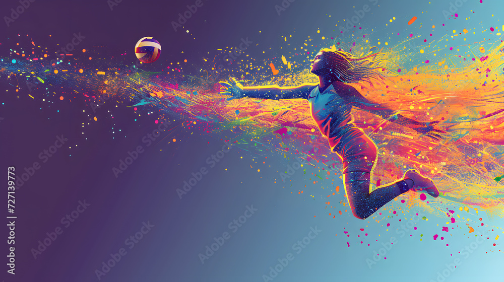 Dive into VOLLEYBALL a vibrant neon, digital painting capturing the