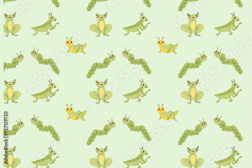 Cute frog and caterpillar, grasshoper insects pattern. Vector illustration on green background. Can used for summer, spring wallpapers, cover design.  photo