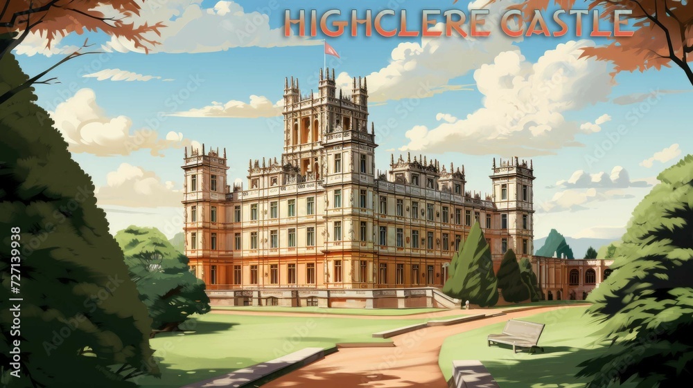 Travel illustration poster of the Highclere Castle created with Generative AI technology