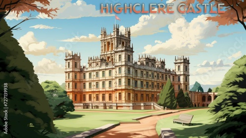Obraz na płótnie Travel illustration poster of the Highclere Castle created with Generative AI technology w salonie