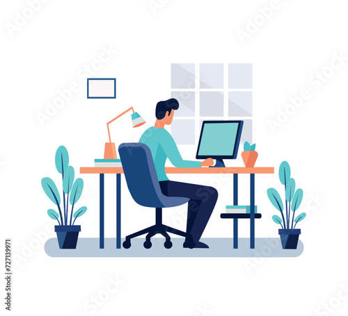 man working on desk flat vector illustration