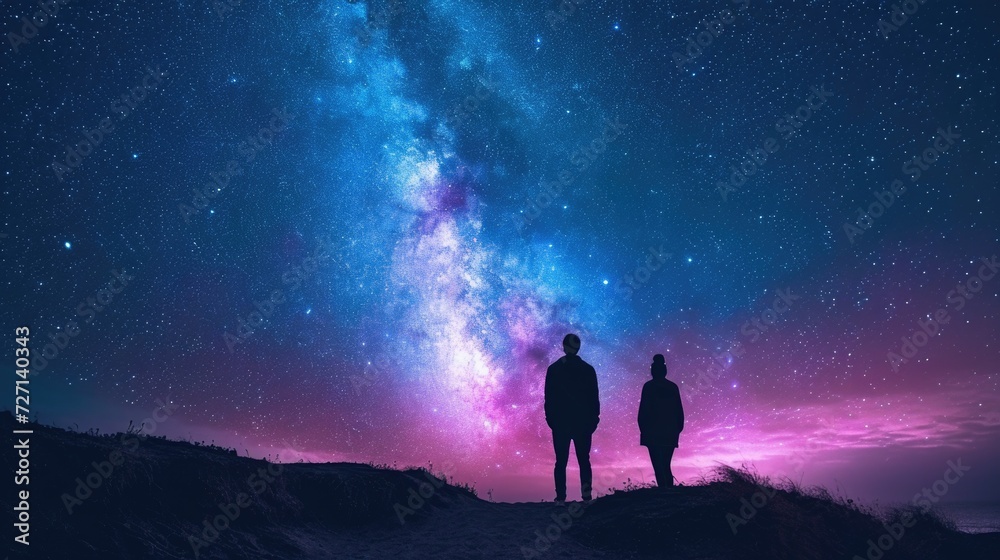 Rear view of couple  while looking at starry sky at night
